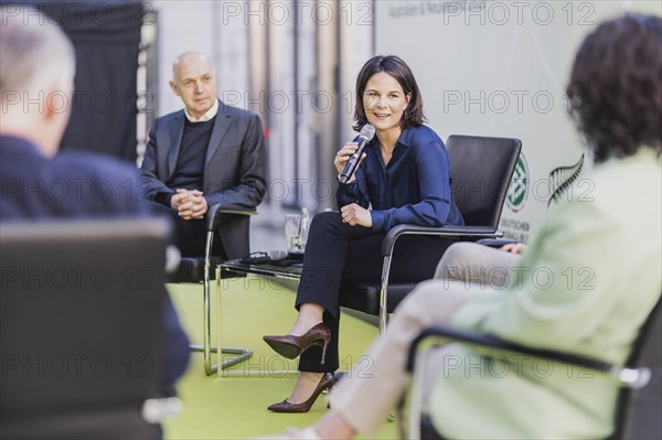 (L-R) Bernd Neuendorf, President of the DFB, Annalena Baerbock (Buendnis 90 Die Gruenen), Federal Minister of Foreign Affairs, and Tugba Tekkal, former professional football player, photographed at the World Cup KickOff at the Federal Foreign Office in Berlin, 03.05.2023., Berlin, Germany, Europe