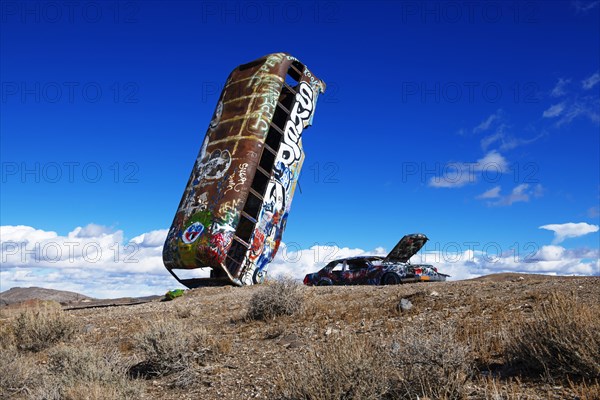 School bus and car sunk into the ground and sprayed with graffiti