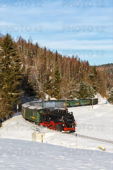 Fichtelbergbahn Railway steam train in winter in Oberwiesenthal