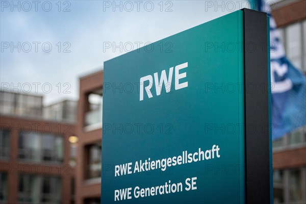 A sign of the company RWE at their headquarters in Essen