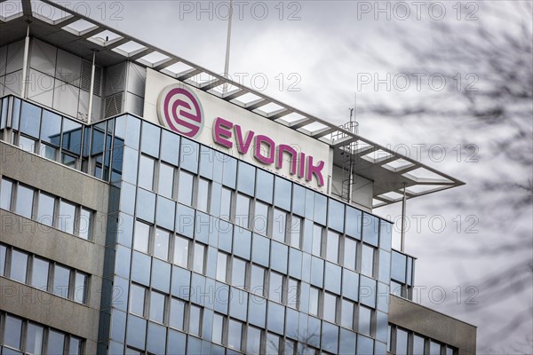 A sign of the evonik company at their headquarters in Essen