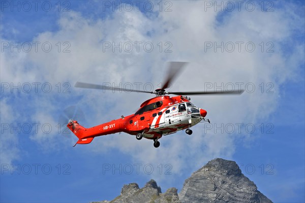 Multi-purpose transport helicopter AS 332 Super Cougar C1 HB-XVY of Heliswiss International AG hovers over a mountain peak