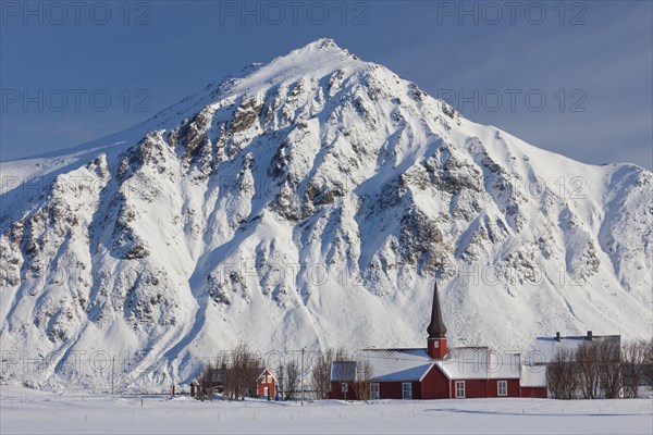 Flakstad church in the snow in winter