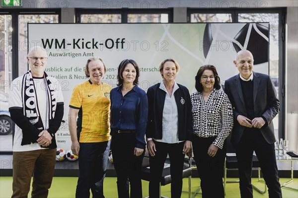(L-R) Craig John Hawke, Ambassador of New Zealand to Germany, Philip Green, Ambassador of Australia to Germany, Annalena Baerbock (Buendnis 90 Die Gruenen), Federal Minister of Foreign Affairs, Martina Voss-Tecklenburg, National Coach of the Women's National Football Team, Heike Ullrich, Secretary General of the DFB, and Bernd Neuendorf, President of the DFB, taken at the World Cup KickOff at the Federal Foreign Office in Berlin, 03.05.2023., Berlin, Germany, Europe