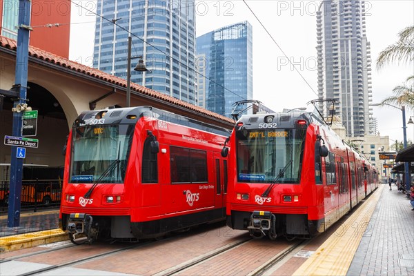 San Diego Trolley Tram light rail transit at Santa Fe Depot station in San Diego