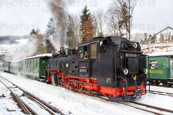 Fichtelbergbahn Railway steam train in winter in Oberwiesenthal