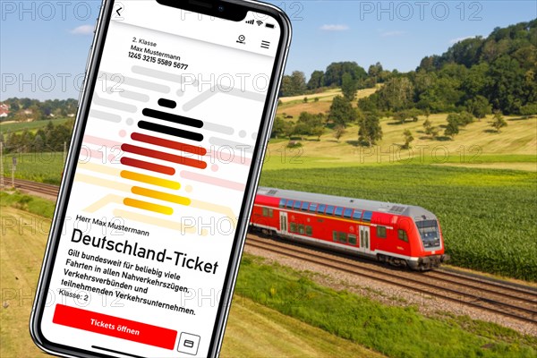 Germany ticket D-ticket or 49 euro ticket on a mobile phone with regional train Regional train photo montage in Uhingen