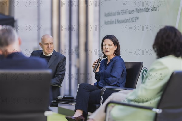 (L-R) Bernd Neuendorf, President of the DFB, Annalena Baerbock (Buendnis 90 Die Gruenen), Federal Minister of Foreign Affairs, and Tugba Tekkal, former professional football player, photographed at the World Cup KickOff at the Federal Foreign Office in Berlin, 03.05.2023., Berlin, Germany, Europe