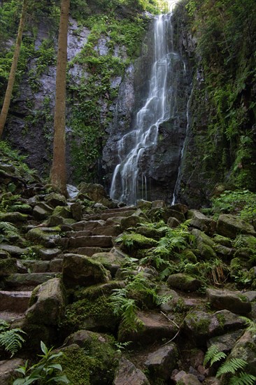 Landscape shot of the Burgbach waterfall