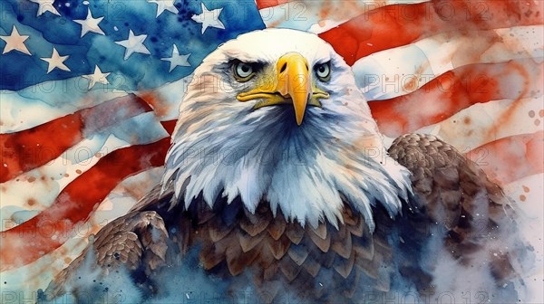 Watercolor of american bald eagle over an american flag abstract background