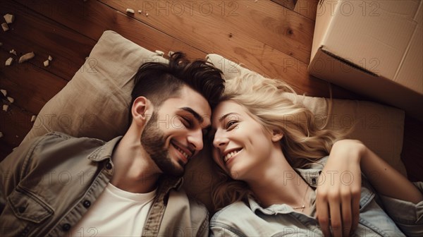 Happy young adult couple laying on the floor of their new home with moving boxes surrounding them