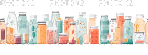 Seamless tileable rows of medicine and drug bottles with pills on a white background