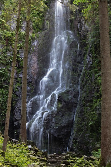 Landscape shot of the Burgbach waterfall