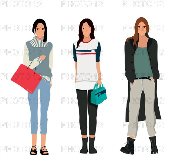 Set of stylish young women dressed in trendy