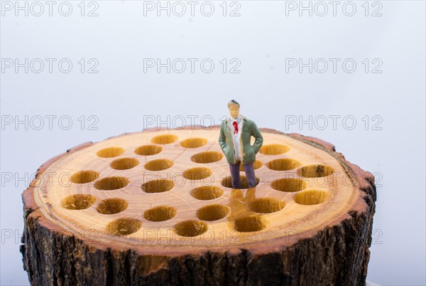 Little man figurine places on a wooden log