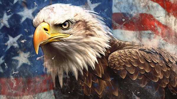 Watercolor of american bald eagle over an american flag abstract background