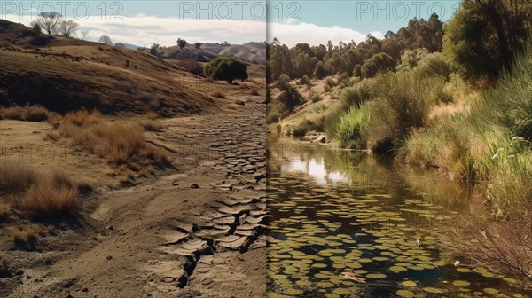 Bafore and after reservoir dried up to full and thriving filled with water