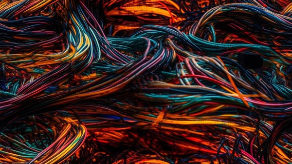 Truly seamless tile of colorful computer cables and wires abstract background