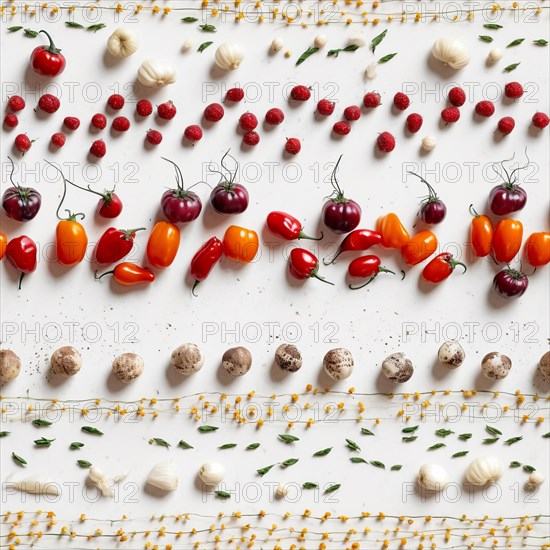 Truly seamless tile of overhead photograph of A variety of vegetables and spices