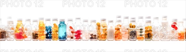 Seamless tileable rows of medicine and drug bottles with pills on a white background