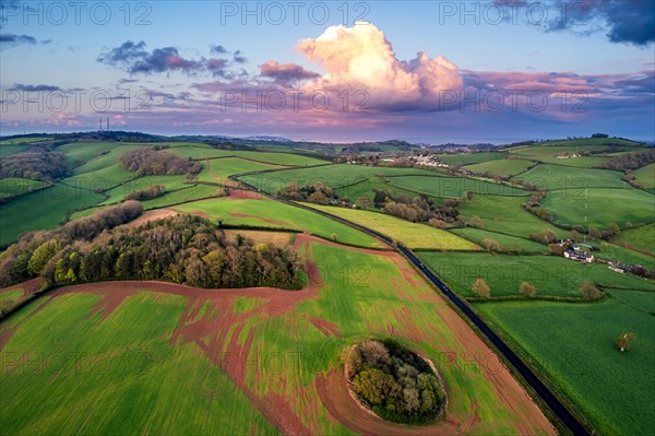 Sunset over Fields and Farms from a drone