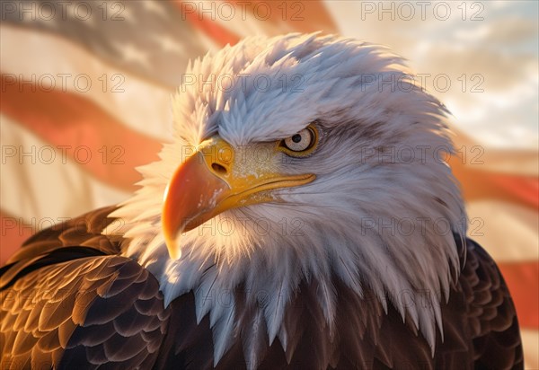 Close-up of an american bald eagle head over an american flag abstract background