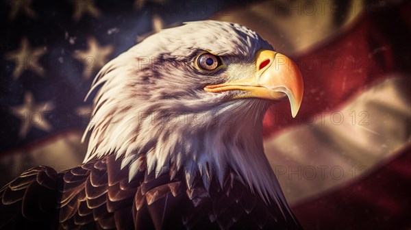 Close-up of an american bald eagle head over an american flag abstract background