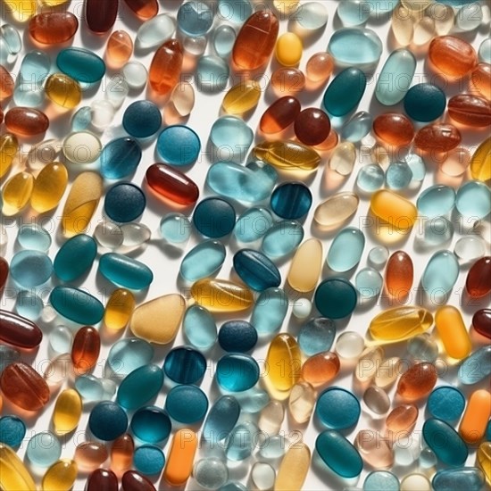 Seamless tile overhead photo of A variety of presciption pills and drugs