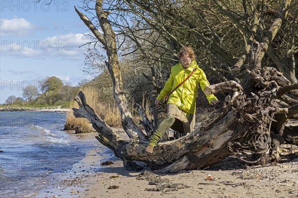 Elderly woman climbing over tree roots