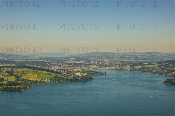 Aerial View over Lake Lucerne and City of Lucerne and Mountain in Burgenstock