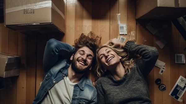 Happy young adult couple laying on the floor of their new home with moving boxes surrounding them