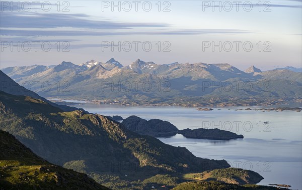 View of fjord and mountains in the evening light