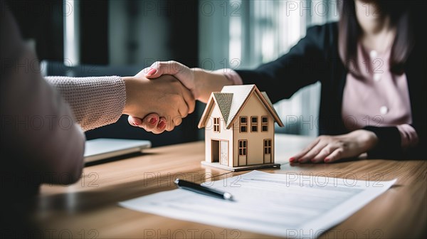 Small model house resting on real estate documents as buyers shake hands over their agreement