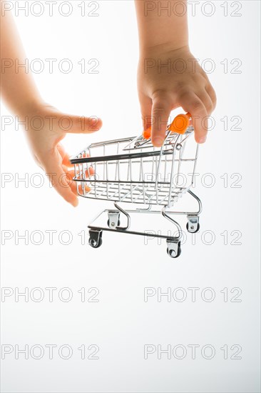 Shopping cart in the hand on white background