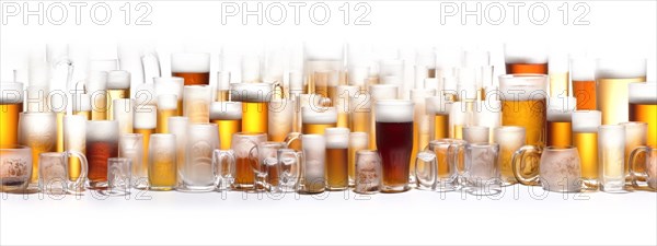 Seamless tileable rows of glasses and mugs of beer on a white background