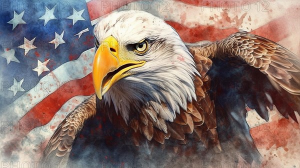 Watercolor of american bald eagle over an american flag abstract background