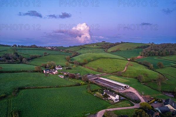 Sunset over Fields and Farms from a drone