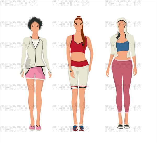 Set of stylish young women dressed in sports