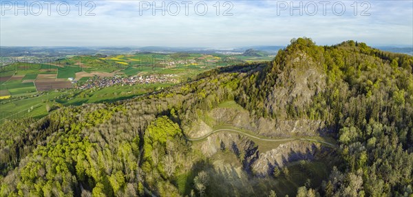 Aerial panorama of the former basalt quarry at the Hegau volcano Hohenstoffeln