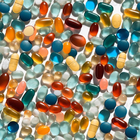 Seamless tile overhead photo of A variety of presciption pills and drugs