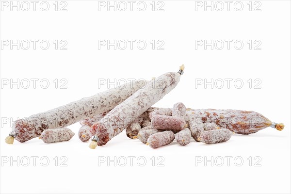 Assortment of fermented sausage covered with white mold