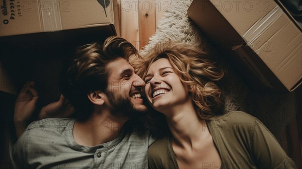 Happy young adult couple laying on the floor of their new home with moving boxes surrounding them