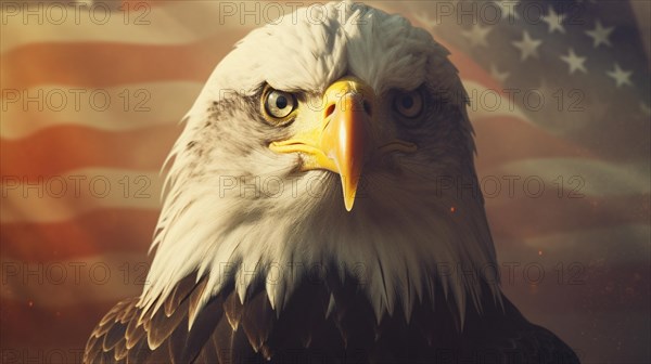 Close-up of an american bald eagle head over an american flag abstract background