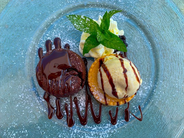 Chocolate Souffle Dessert with Ice Cream and Mint Blade on Plate in Switzerland