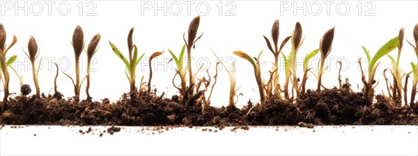 Seamless tileable cross section row of budding sprouts of new growth out of soil on a white background