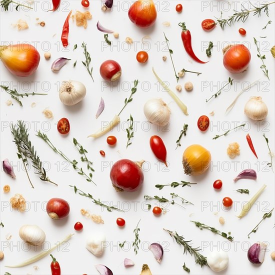 Truly seamless tile of overhead photograph of A variety of vegetables and spices