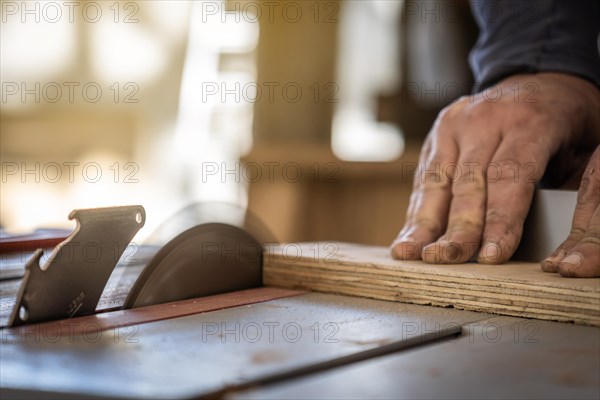 Close-up of a carpenter's hands cutting wood with a circular saw
