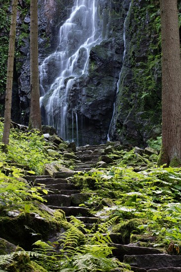 Landscape shot of the Burgbach waterfall