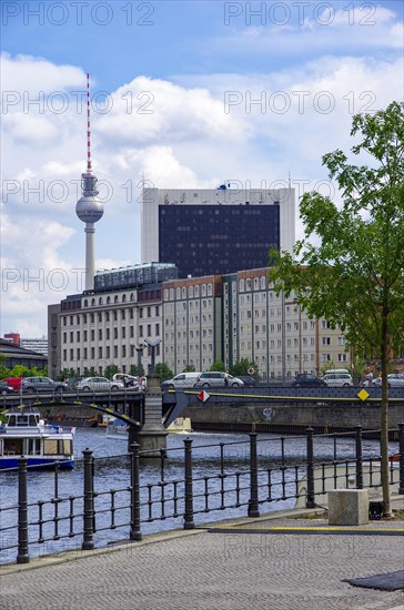 Picturesque setting on the banks of the Spree in the government district with a view of the TV tower on the Alex