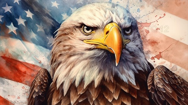 Watercolor of american bald eagle over an american flag abstract background